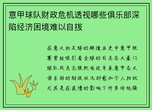 意甲球队财政危机透视哪些俱乐部深陷经济困境难以自拔