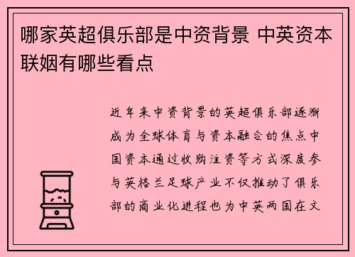 哪家英超俱乐部是中资背景 中英资本联姻有哪些看点