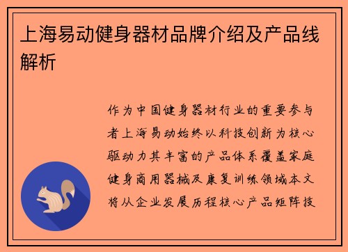 上海易动健身器材品牌介绍及产品线解析